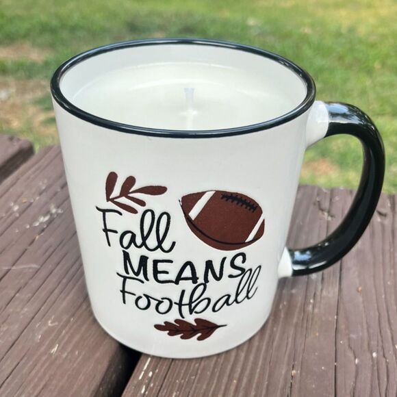 Fall Means Football Mug Candle Mahogany Coconut Scent Premium Wax Pet Friendly - Picture 1 of 3